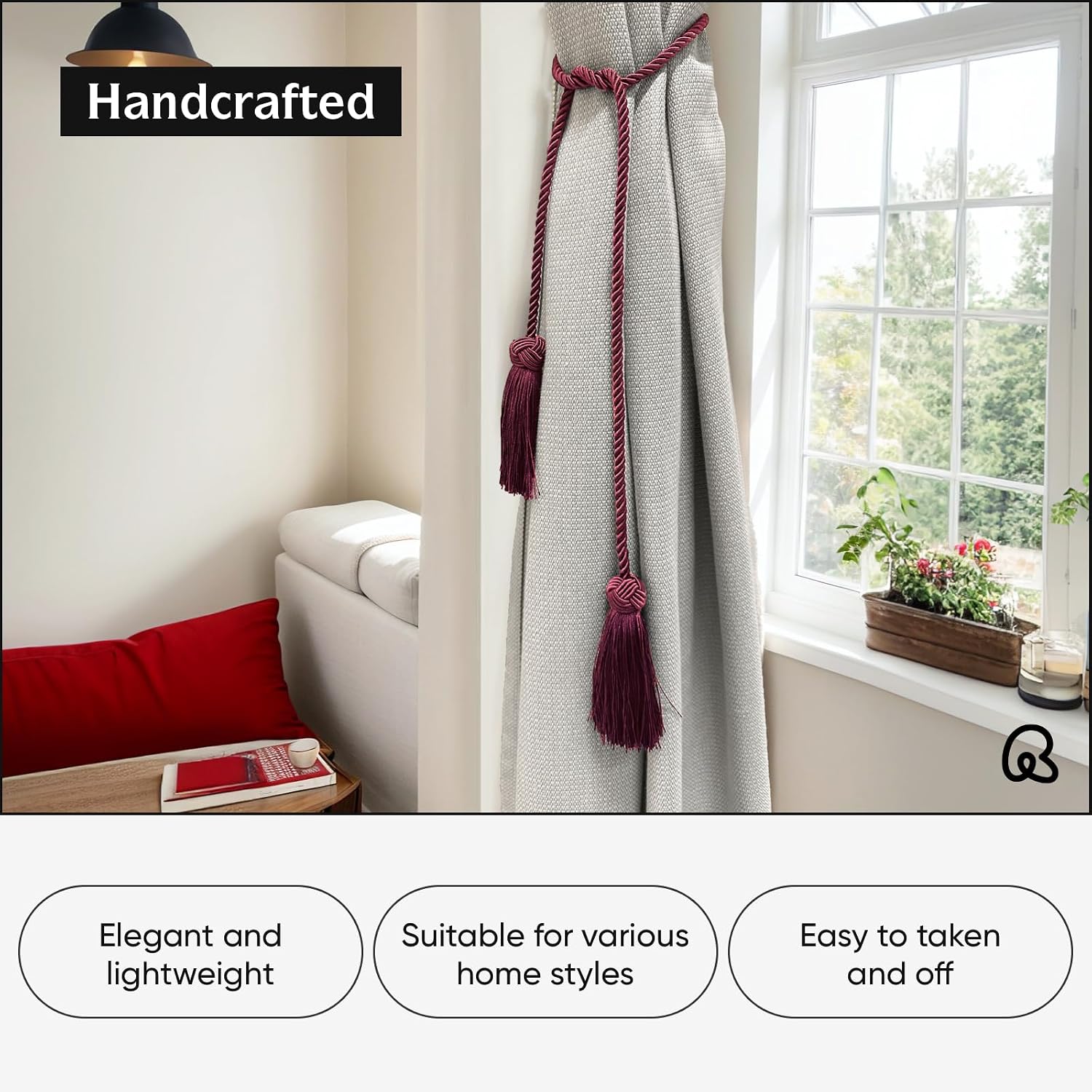 4 Pack Curtain Tiebacks Curtains Tie Back with Tassels- Curtain Holdbacks Tassel Decorative Rope for Towel Bedroom Bathroom Kitchen Home and Office Thin or Sheer Window Drapes Decor-Burgundy