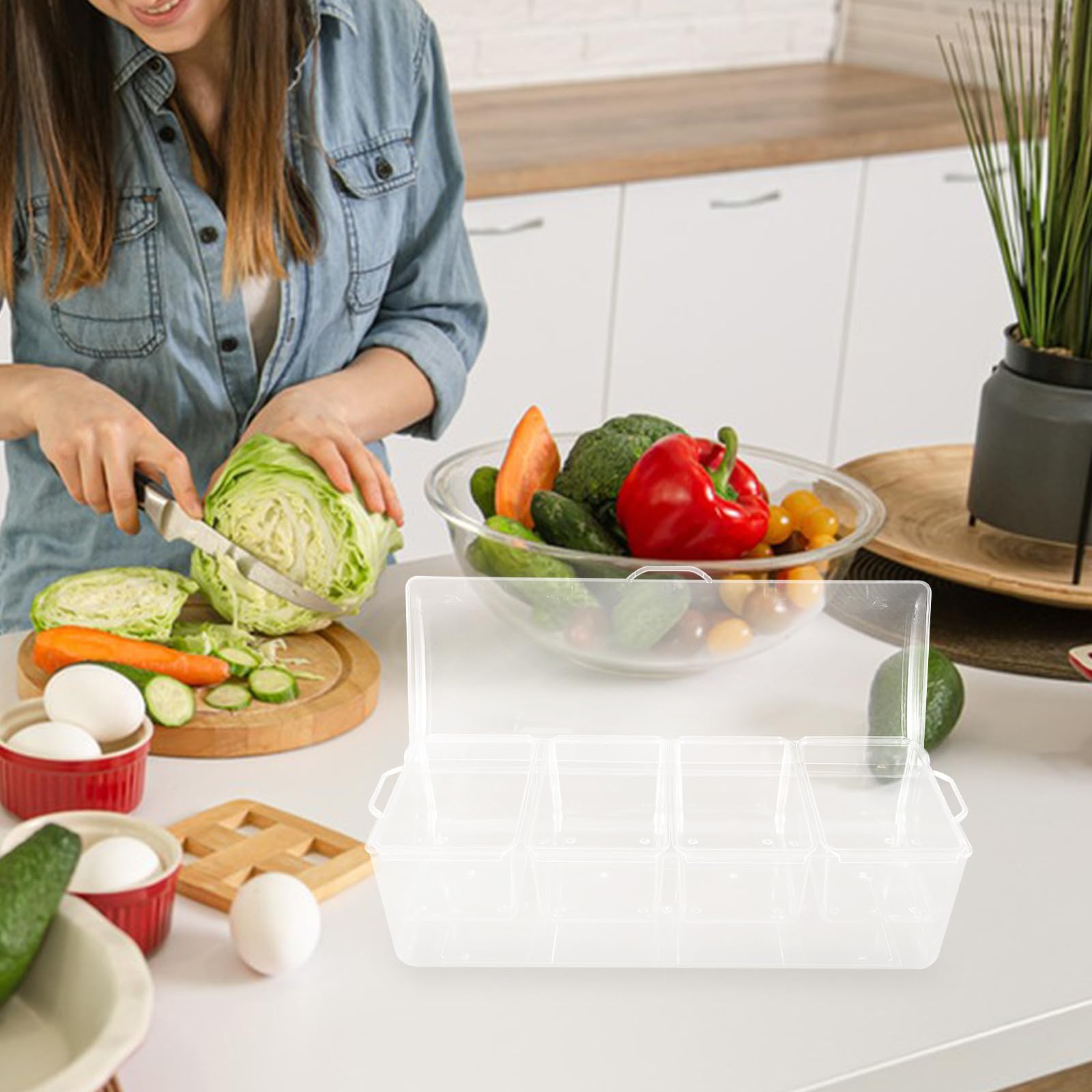 Salatbehälter und Eis Kühlen und Klappdeckel aus Kunststoff mit 4 Fächern Tragbare Kühlschrankbox zum Organisieren für Outdoor Aktivitäten und Picknick