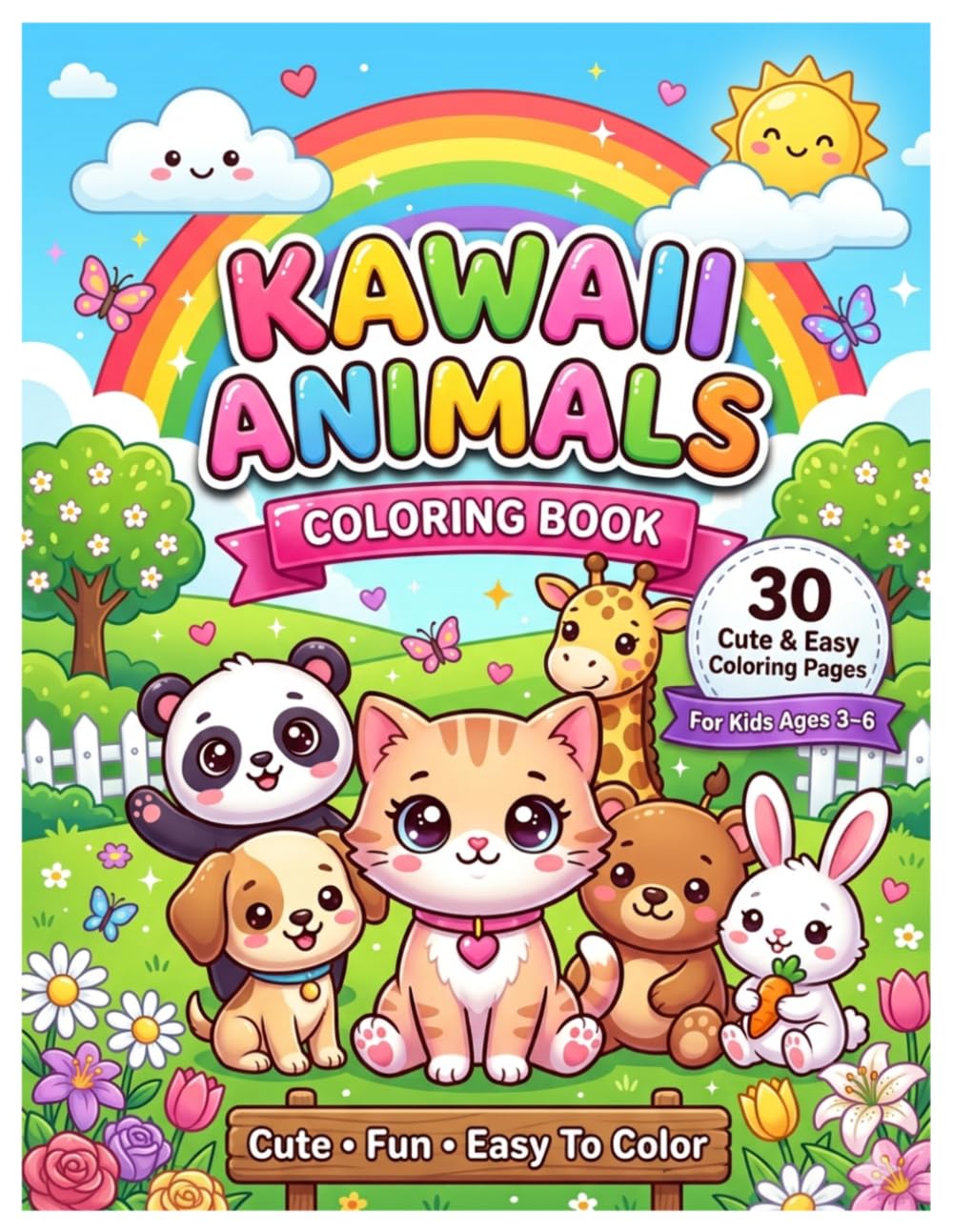 Kawaii Animals Coloring Book: 30 Cute & Easy Coloring Pages for Kids Ages 3–6
