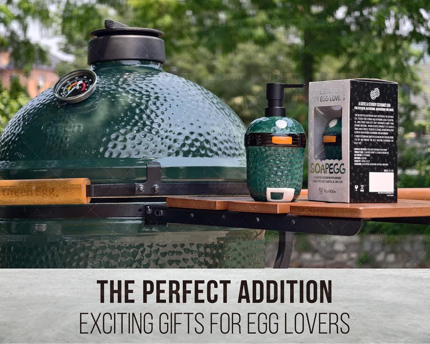 SoapEGG, the L/XL Green Egg Ornament, BGE Charcoal Grill Accessories - Lovely Ceramic Bottel with Rust Proof Pump, Works for Kitchen, Bathroom, and Outdoor Barbecue, Novelty Gift for Egghead