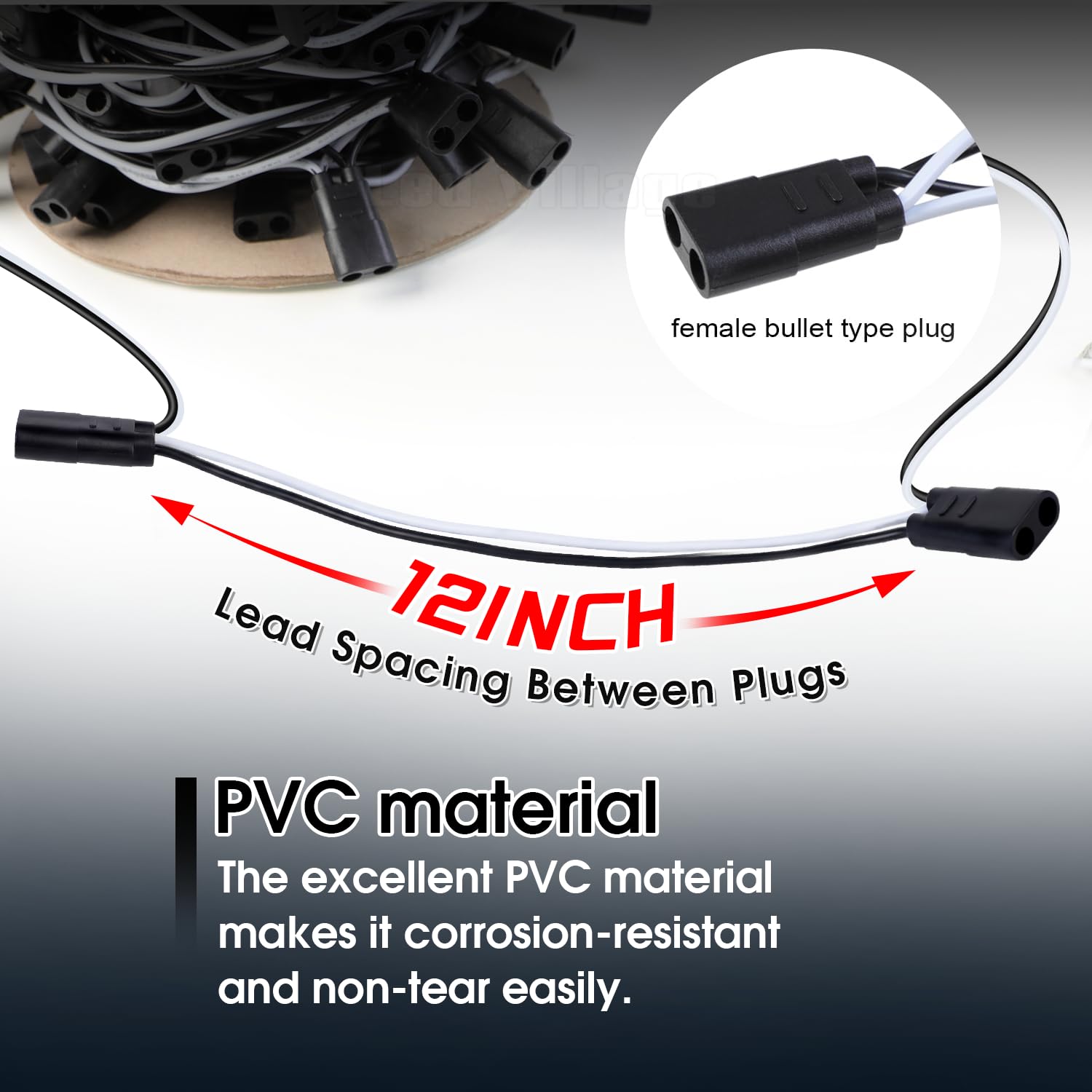 Wire Harness Roll 100 Counts Extra Long 12" Spacing on Lead, 2-Prong Double Female Bullet Plugs 18 AWG - 100 ft. for LED Marker Lights Truck Trailer Semi-Truck RV