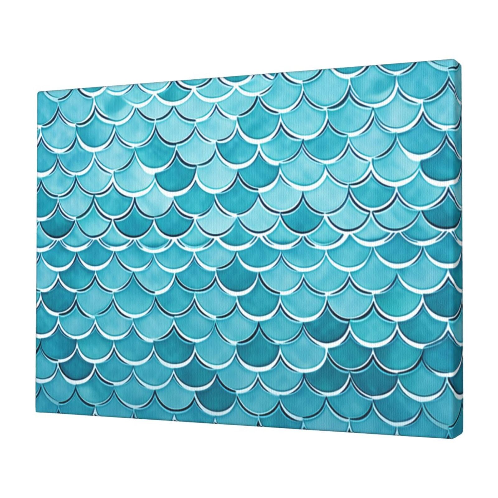 KLOPH Blue Waves Squama Mermaid Scale Canvas Wall Art for Living Room 12"x16" Modern Artwork Painting for Bathroom Hanging Canvas Prints Aesthetic Wallart for Bedroom Kitchen Office Wall Decor