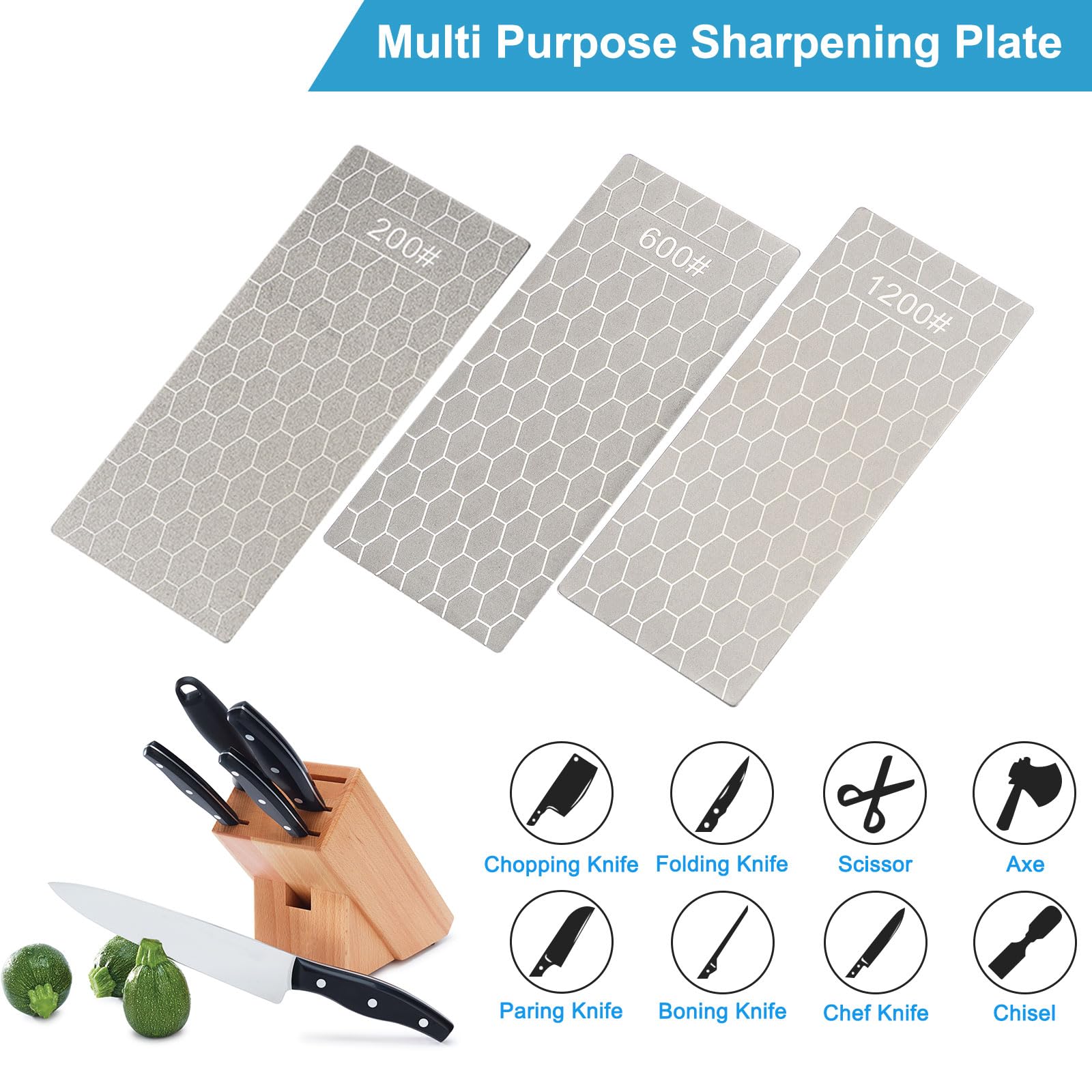 QUARKZMAN 3Pz Piastre per Affilare 200/600/1200 Kit Affilatrice per Piastre di Lappatura con Base Antiscivolo