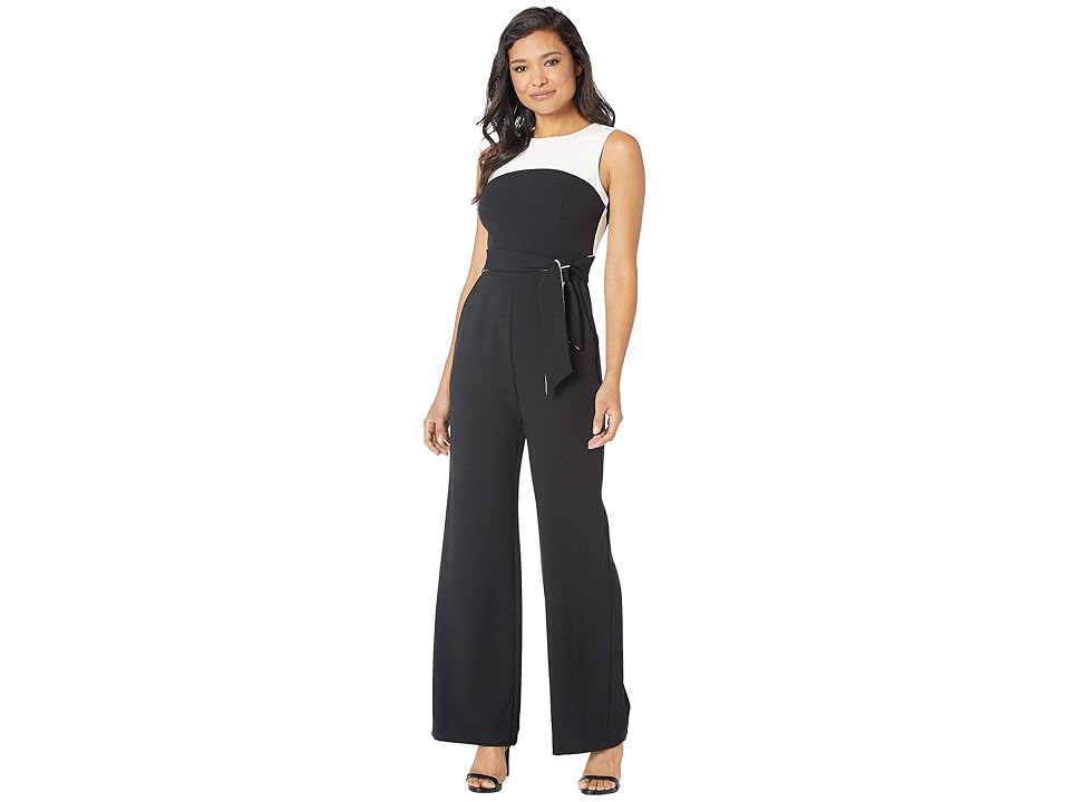 

Vince Camuto Kors Crepe Jumpsuit w/ Contrast Yoke Waist Tie (Black/White) Women's Jumpsuit & Rompers One Piece