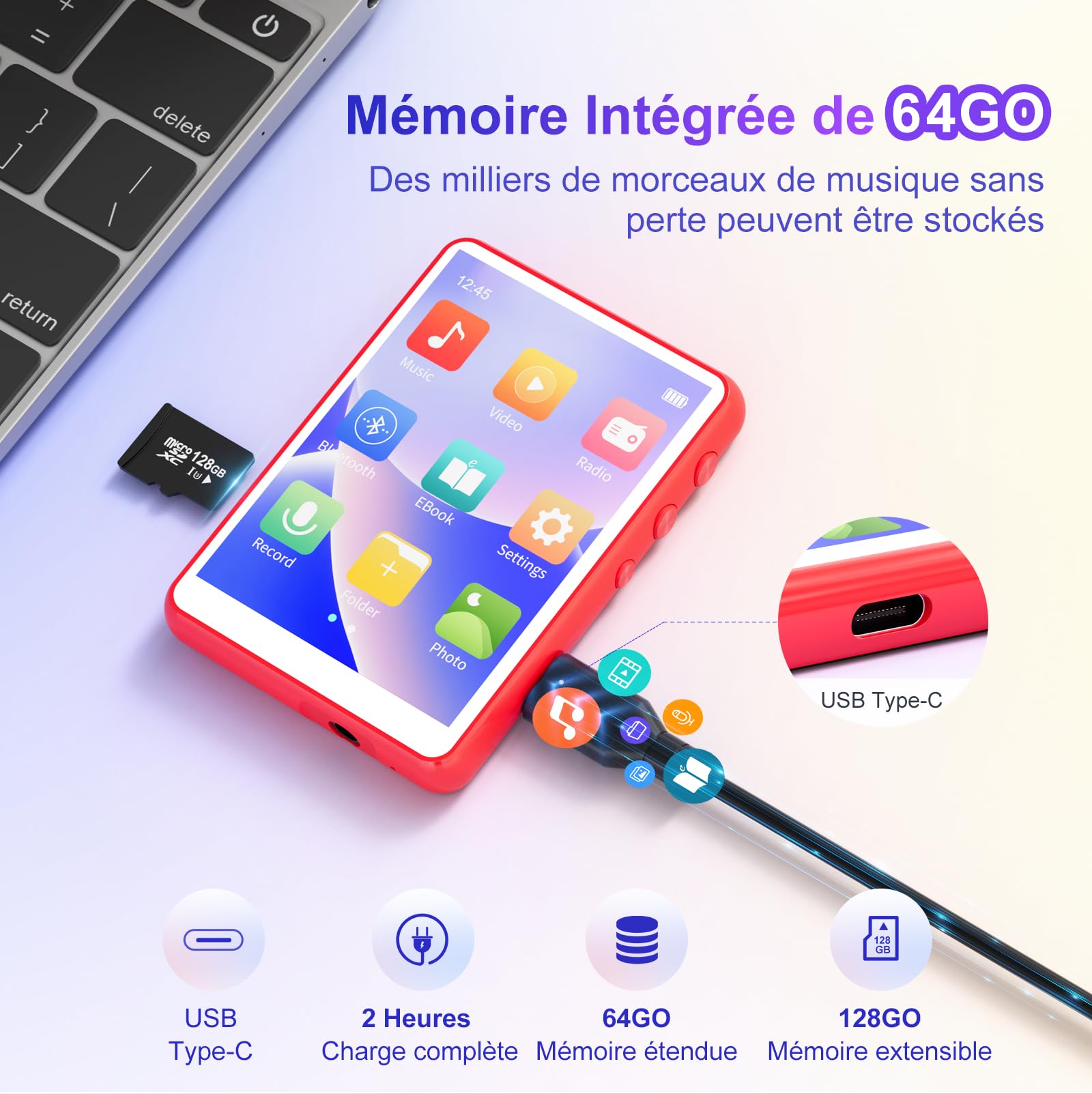 Lettore Mp3 Bambini Lecteur MP3 Bluetooth 5.3 64GO MECHEN - HiFi, Radio FM, Enregistreur, Écran Tactile 2.4 - Avec Écouteurs Lettore Ebook