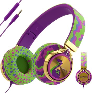 Kidrox Dinosaur Headphones for Kids Wired with Microphone, Made to Last Durable and Flexible, Volume Limited 85/94db Kid Safe for Kids All Ages, Boys & Girls. Perfect for School or Travel. 3.5 Jack