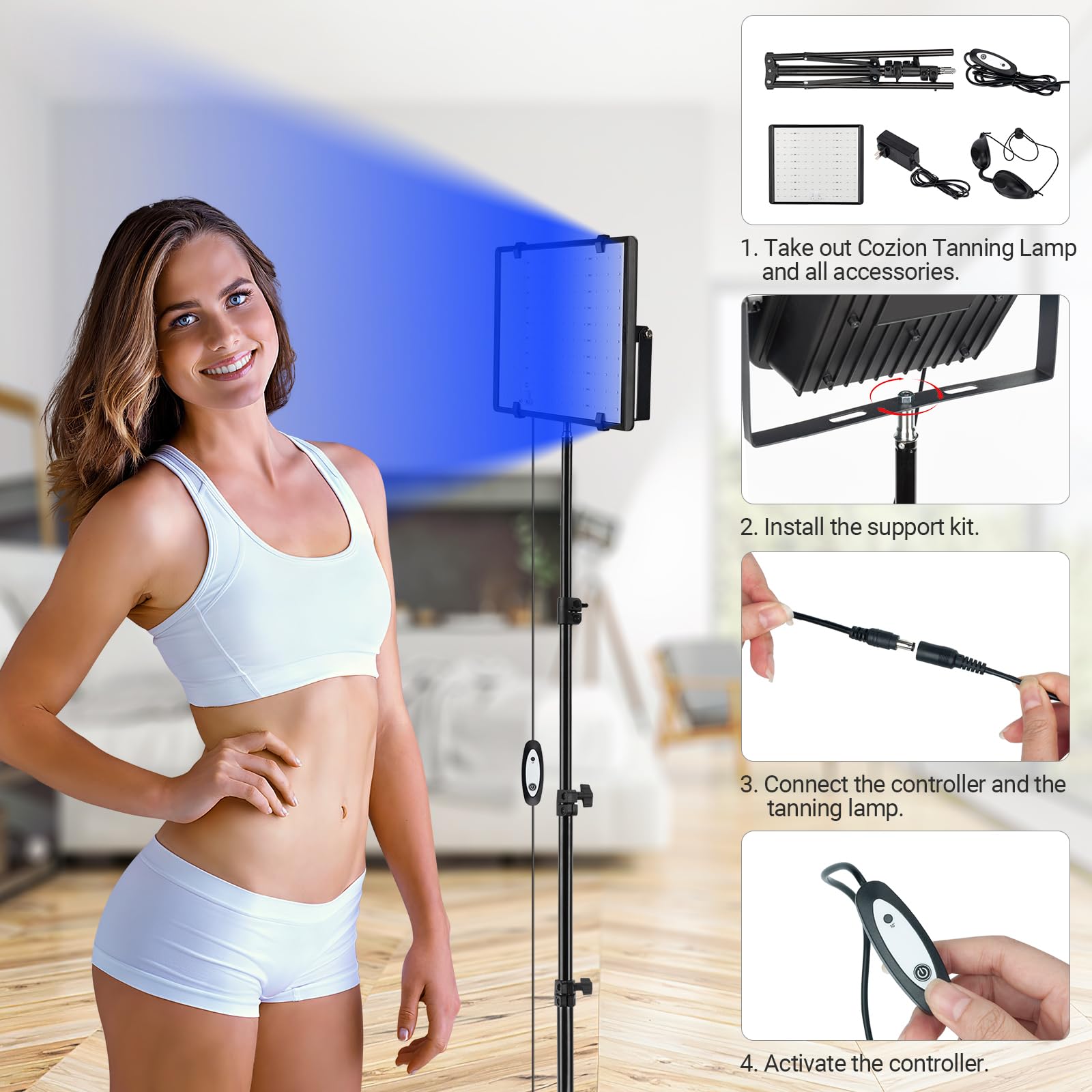 Cozion Lámpara Bronceadora 30W 120 LEDs con Trípode Retráctil y Protección Ocular para Cara y Cuerpo