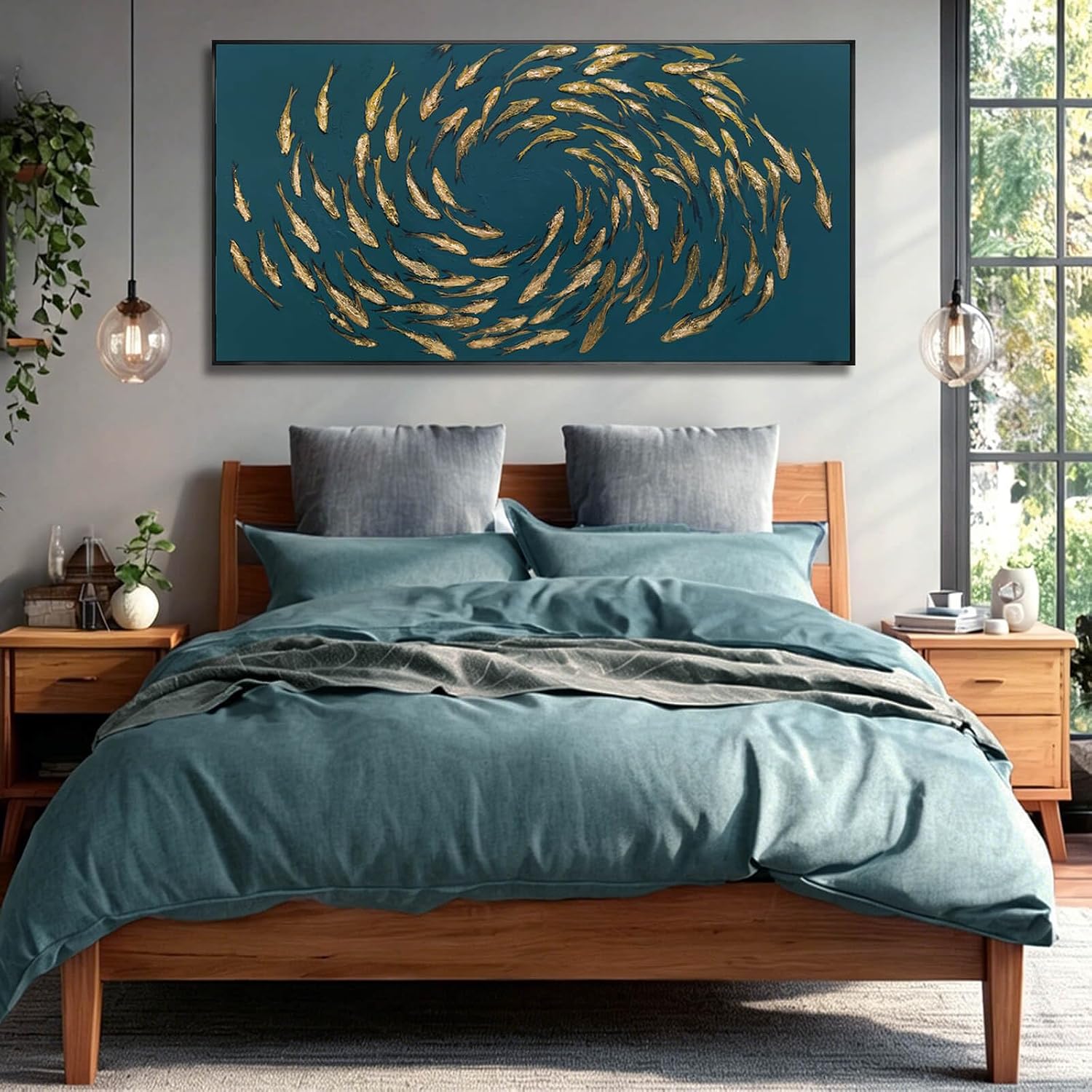 Fish Gold Wall Decor Ocean Sea Framed Large Canvas Wall Art for Living Room Circle Print Pictures Paintings Artwork for Bedroom Office 24"x48"