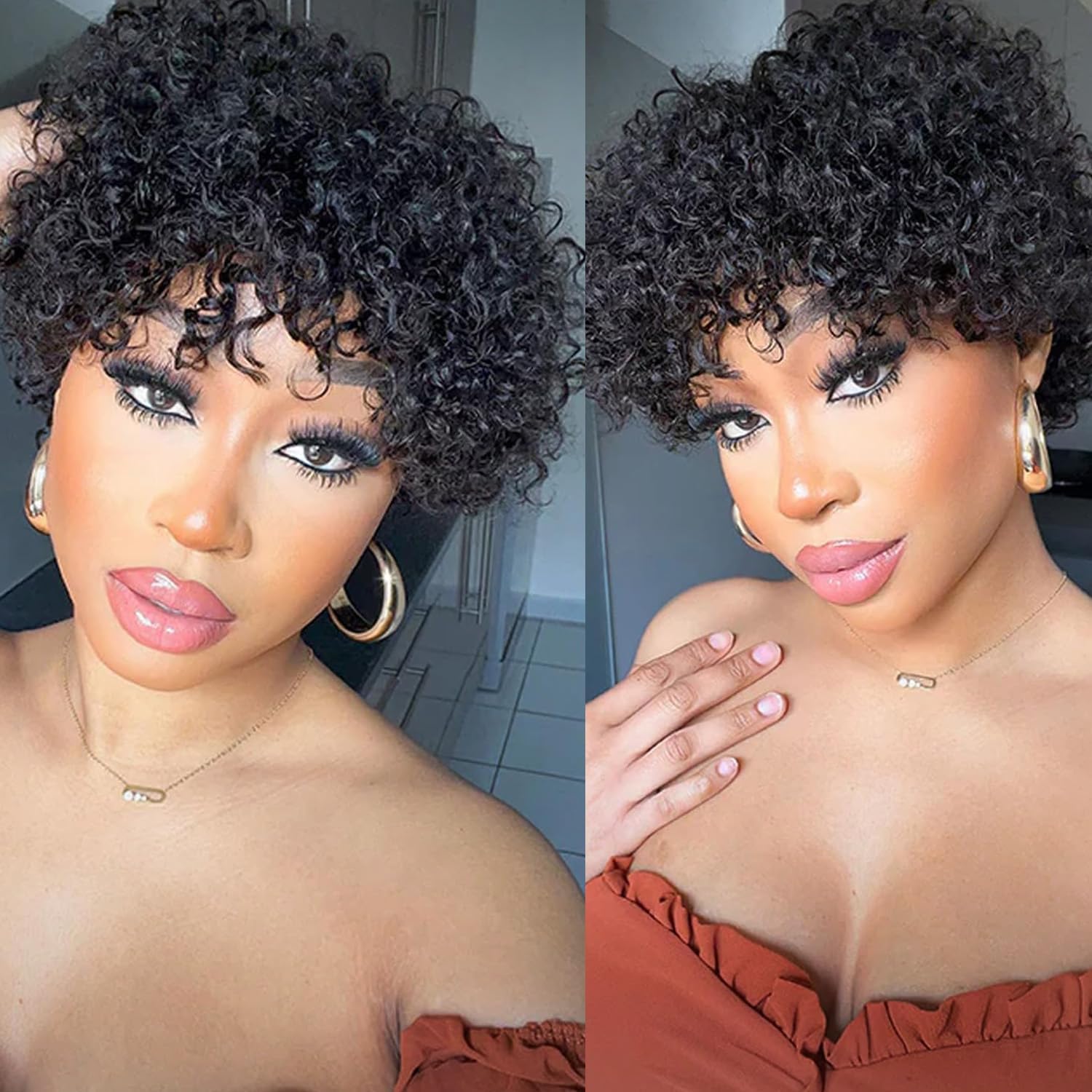 Pixie Cut Wigs Human Hair Short Human Hair Wigs For Black Women Glueless Wigs Pre Plucked Short Curly wigs With Bangs For Daily Use Black 1B