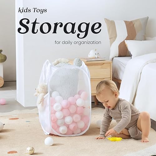 Miniatura 6 de TECHMILLY Cesta plegable de malla para la ropa sucia con asas resistentes y bolsillo lateral, cestas plegables portátiles para ropa para dormitorio,