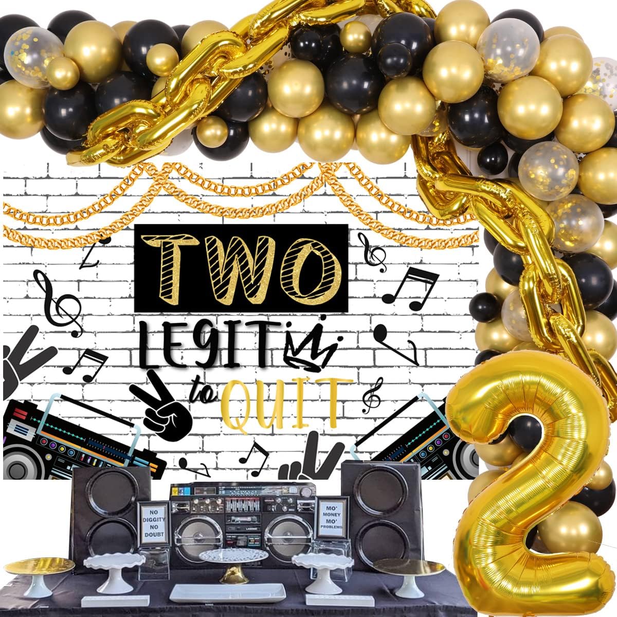 Two Legit to Quit 2nd Birthday Party Decoration - Black & Gold Confetti Balloons, Number 2 Foil Balloons, 2 Legit 2 Quit Backdrop for 80s 90s Hip Hop Theme