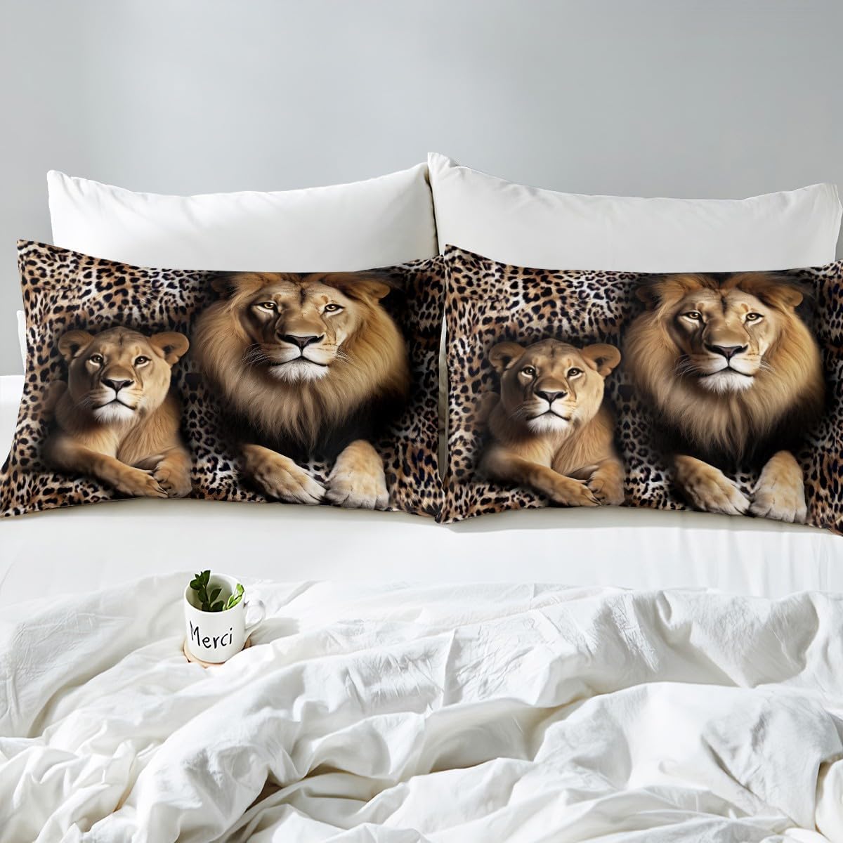 Lion Bedding Set Wild Lion Lover Couple Comforter Cover Queen 3Pcs for Kids Boys Girls African Animal Theme Duvet Cover, Black Brown Cheetah Leopard Print Bedspread Cover with 2 Pillowcases - Image 5