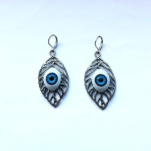 Halloween Jewelry Large Leaf Silver Color Earringsor Pendant Nature Statement Realistic Blue Eye Necklace S. Pl. Chain (Silver Leaf Blue Eye