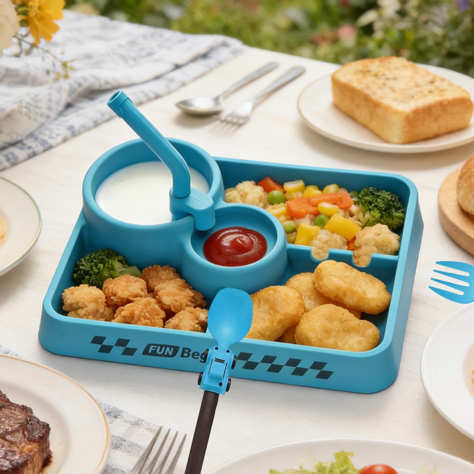 Ensemble d'ustensiles de repas Silicone Portable Autonome Set Table Enfant | Assiettes Compartimentées Couverts Pour Maison École Anniversaire Garçons Filles