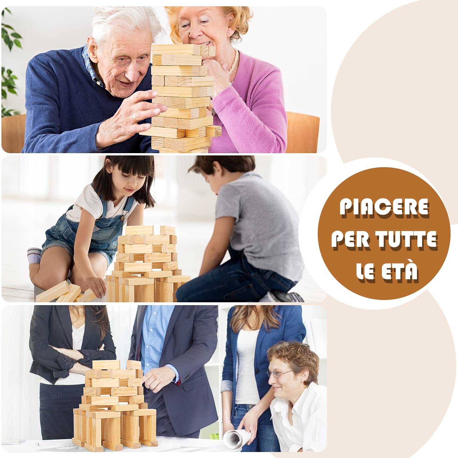 COSTWAY 54 Blocchi di Legno di Pino con Angoli Curvi, Mattoncini Giocattoli, Torre di Legno Gigante con Borsa di Trasporto, Ideale per Feste e Party