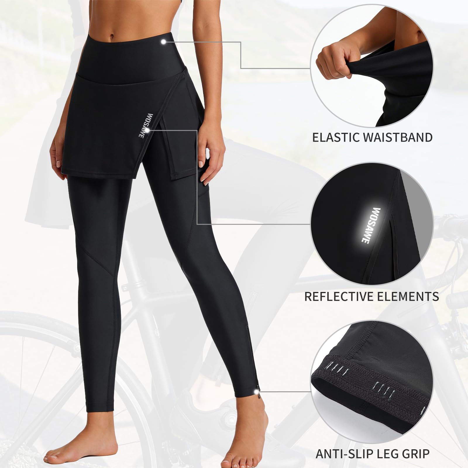 WOSAWE Pantalon de Cyclisme Longues pour Femme Respirant Elastique Leggings à Jupe Bicyclette Collants de Vélo 4D Rembourrés