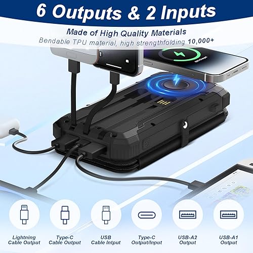 Miniatura 3 de Cargador portátil de 20000 mAh, banco de energía solar integrado, 3 cables y batería de carga inalámbrica compatible con iPhone, Samsung, IPX5