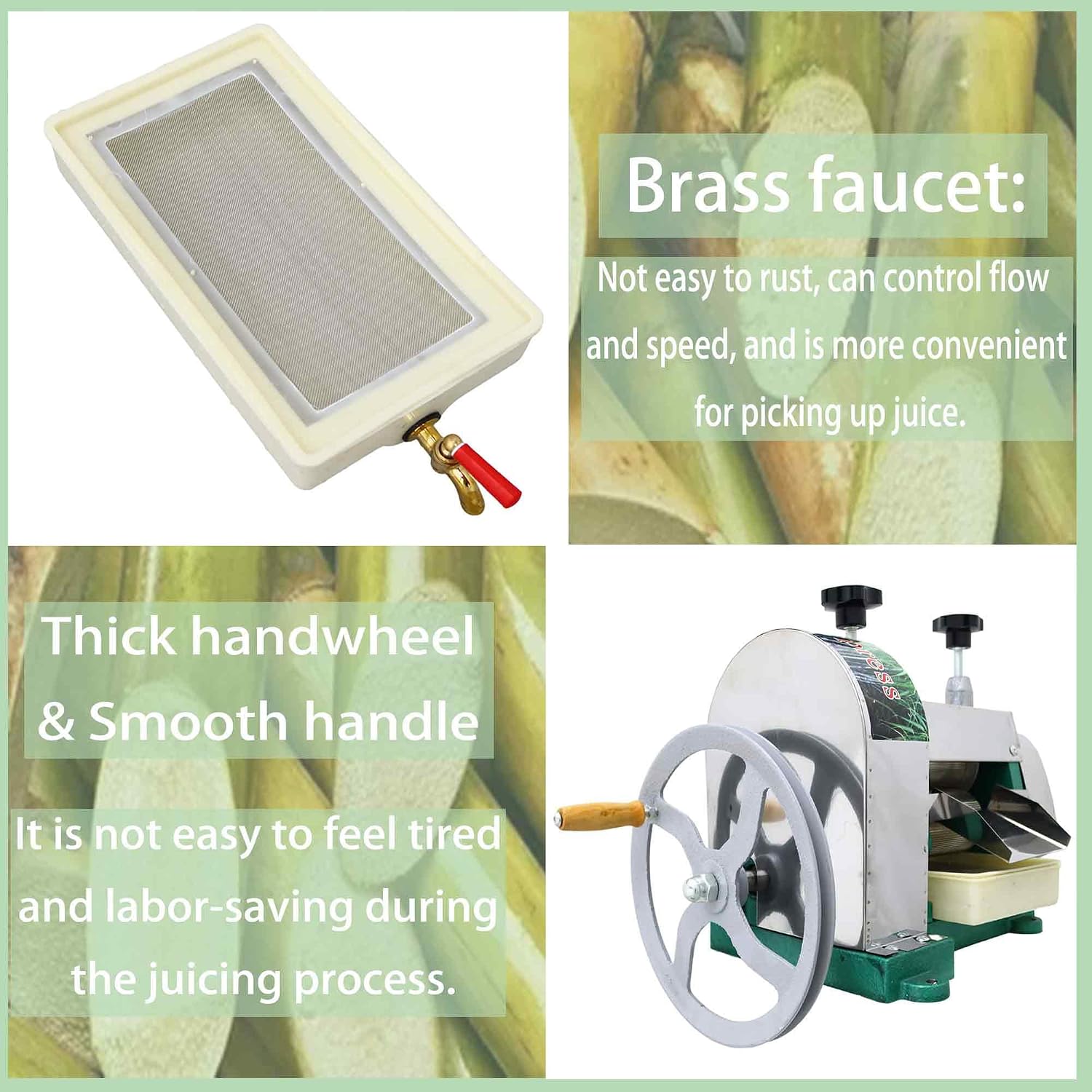 Commercial Sugar Cane Ginger Press Juicer with 3 Stainless Steel Rollers, Manual Suger Cane Squeezing Juicer with 2 paring Knives, High Juice Yield