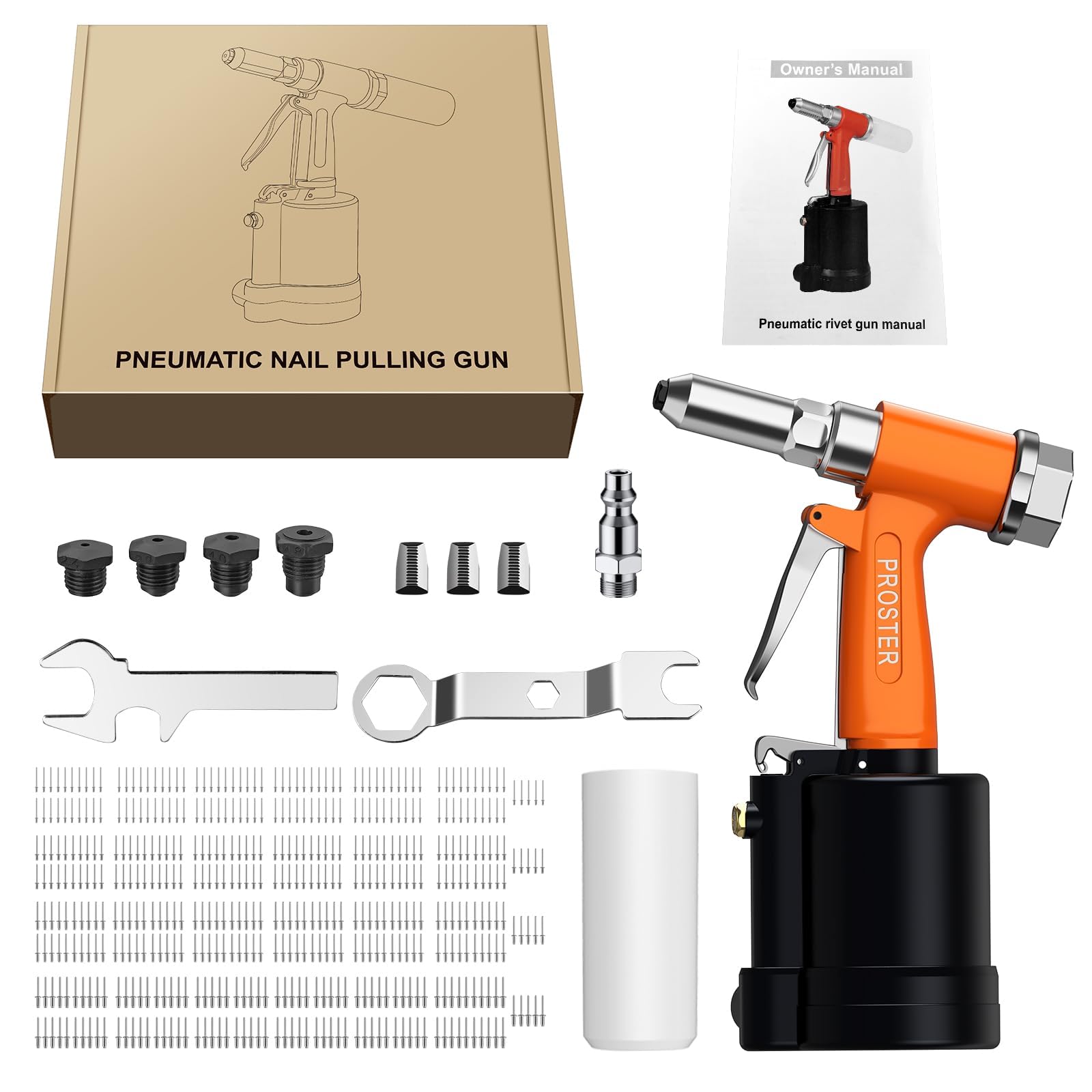 Proster Druckluft Nietzange Nietpistole Blindnietpistole mit 500PCS Nieten, mit 4 Mundstücke 2.4mm, 3.2mm, 4mm, 4.8mm, DIY Werkzeugsatz für Heimwerker & Industrie