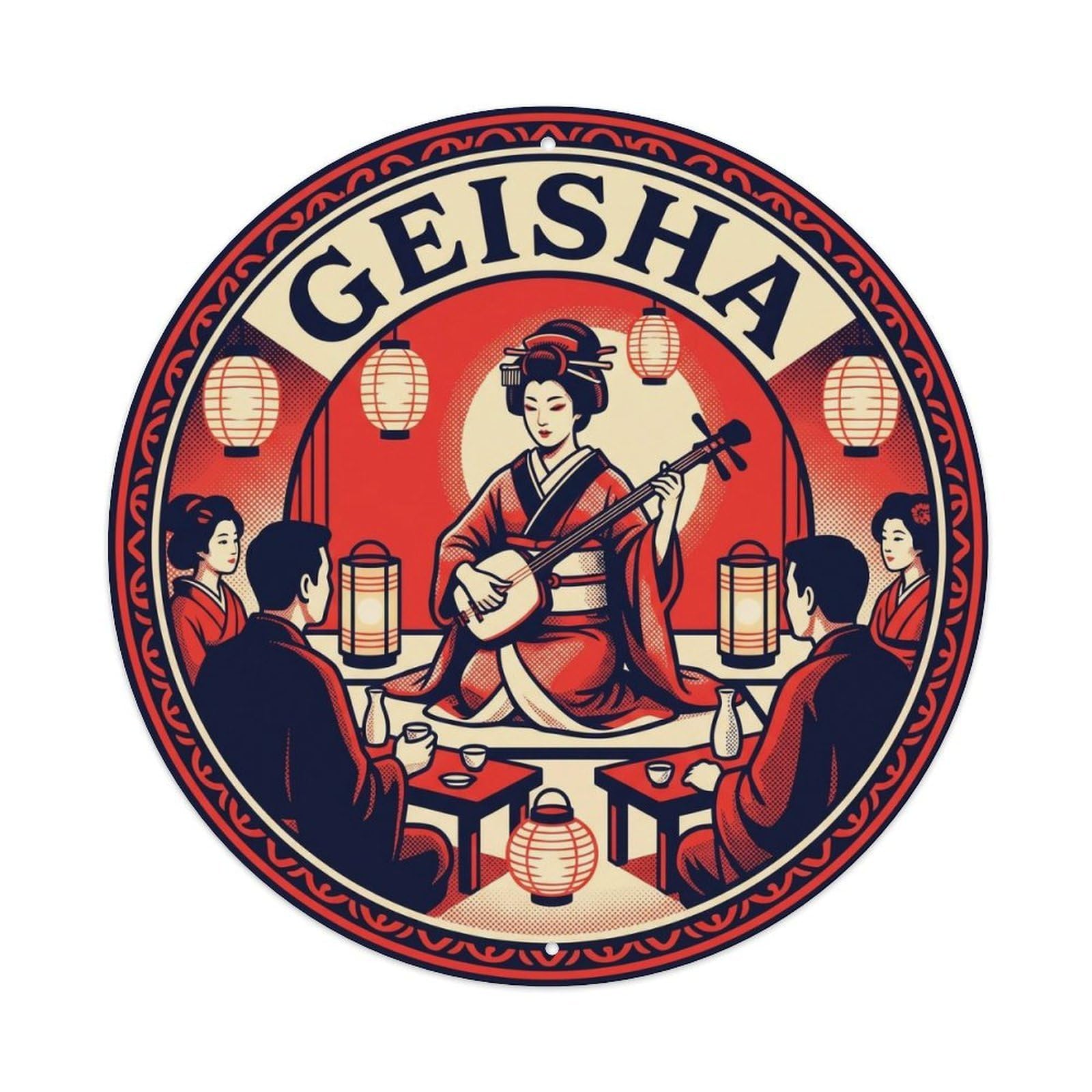 Olyhtr 8X8inch Classic Style Geisha Ozashiki Banquet Showa Red Navy Japan Metal Tin Sign