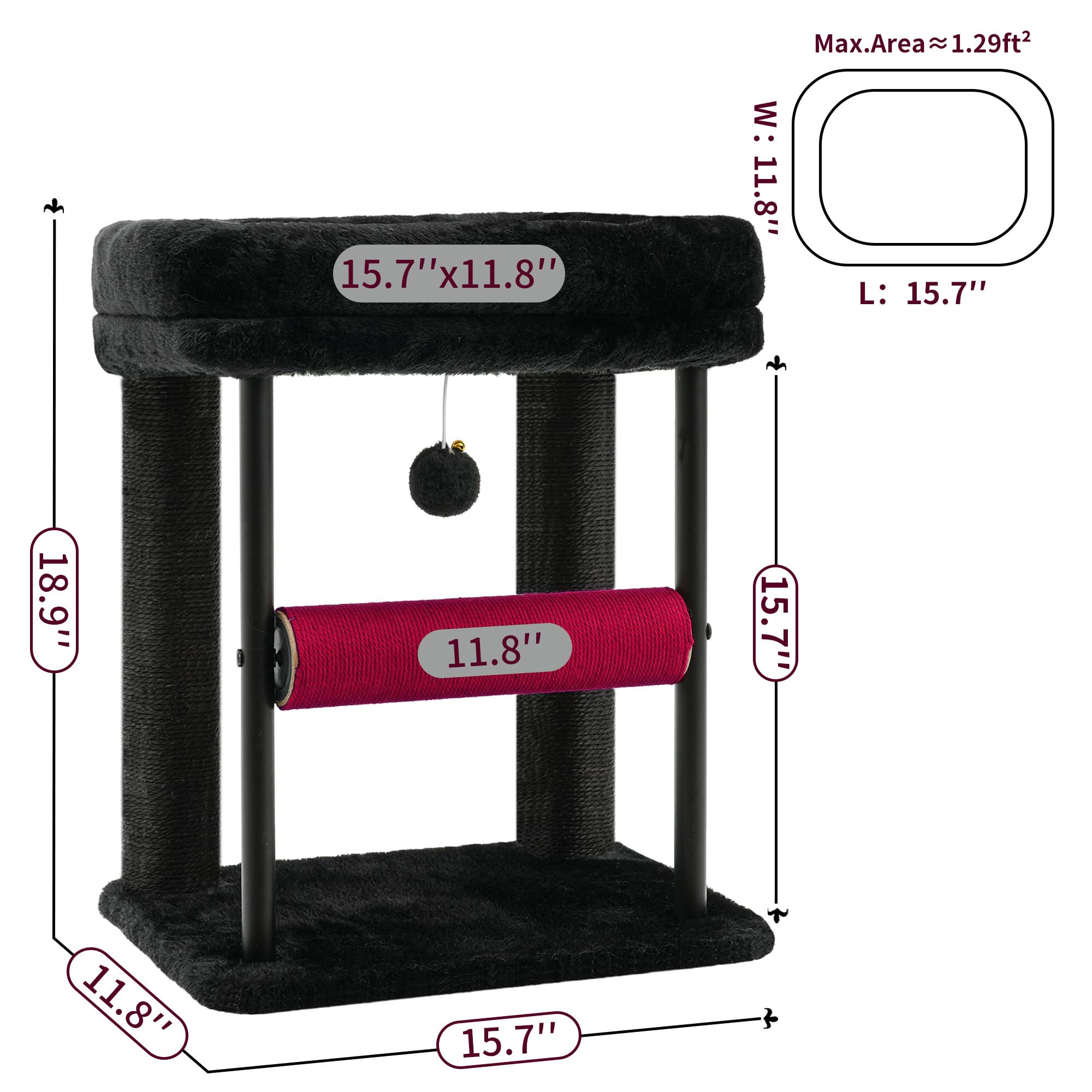 Hey-Brother Árbol para Gatos, Torre Resistente con columnas envueltas en sisal, MPJ010SBR | Postes rascadores para gatos de 18.9 pulgadas con cama, bola de juguete de peluche para gatitos de interior, negro y rojo