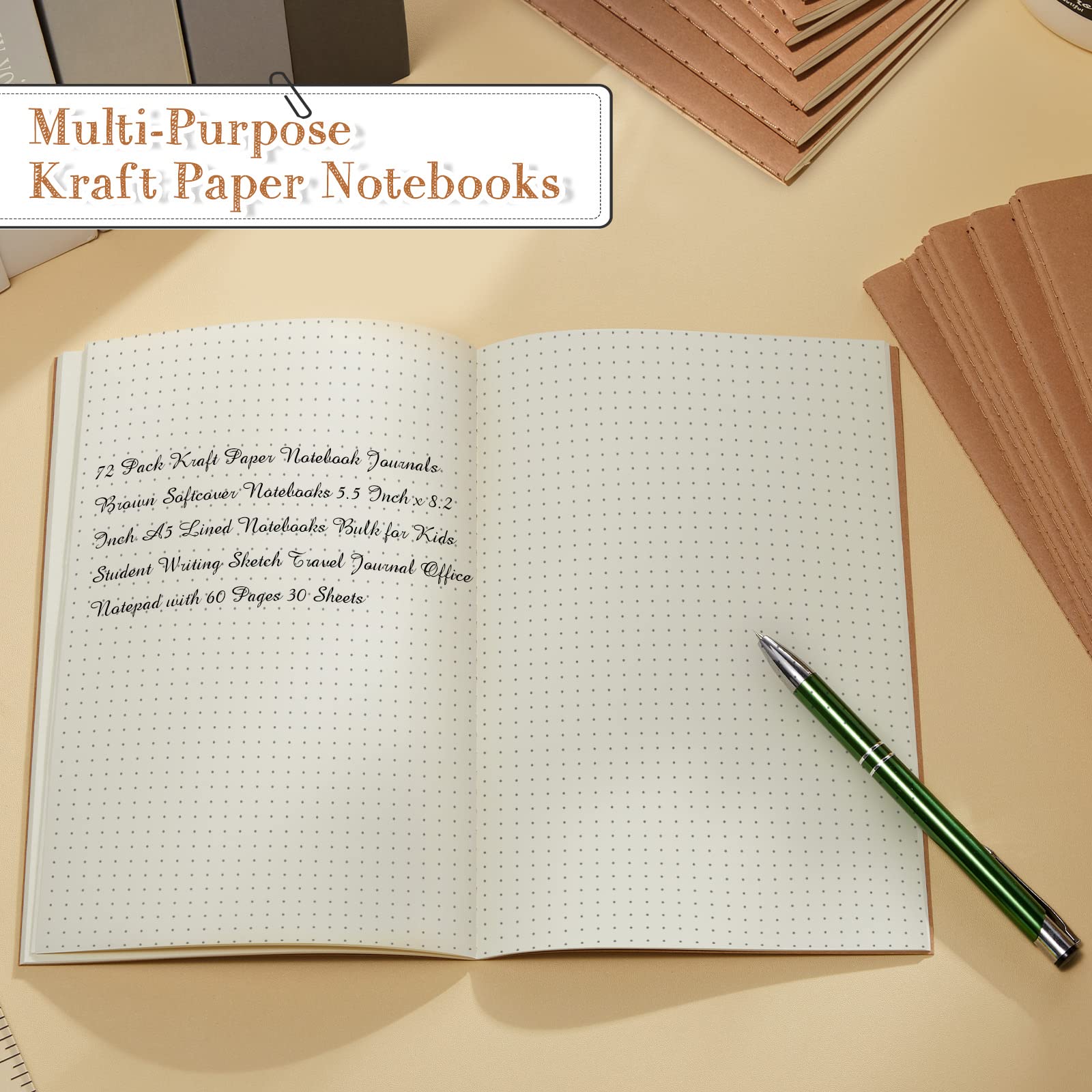 Sabary Kraftpapier-Notizbuch, Tagebuch, 14 x 21 cm, A5-Notizbuch in Großpackung, Softcover, liniert zum Schreiben, Skizzieren, Reisetagebuch, mit 60 Seiten, 30 Blatt (Braun, Punktraster), 72 Stück
