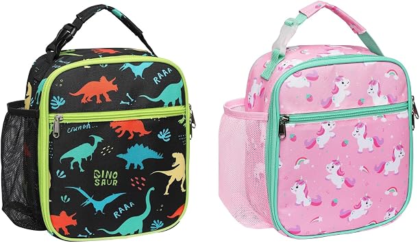 Bagseri Kids Lunch Bag for Boys and Kids Lunch for Girls, Insulated Lunch Box Portable Reusable Toddler Lunch Cooler Bag for School, Water-resistant Lining, Black Dinosaur and Pink Unicorn