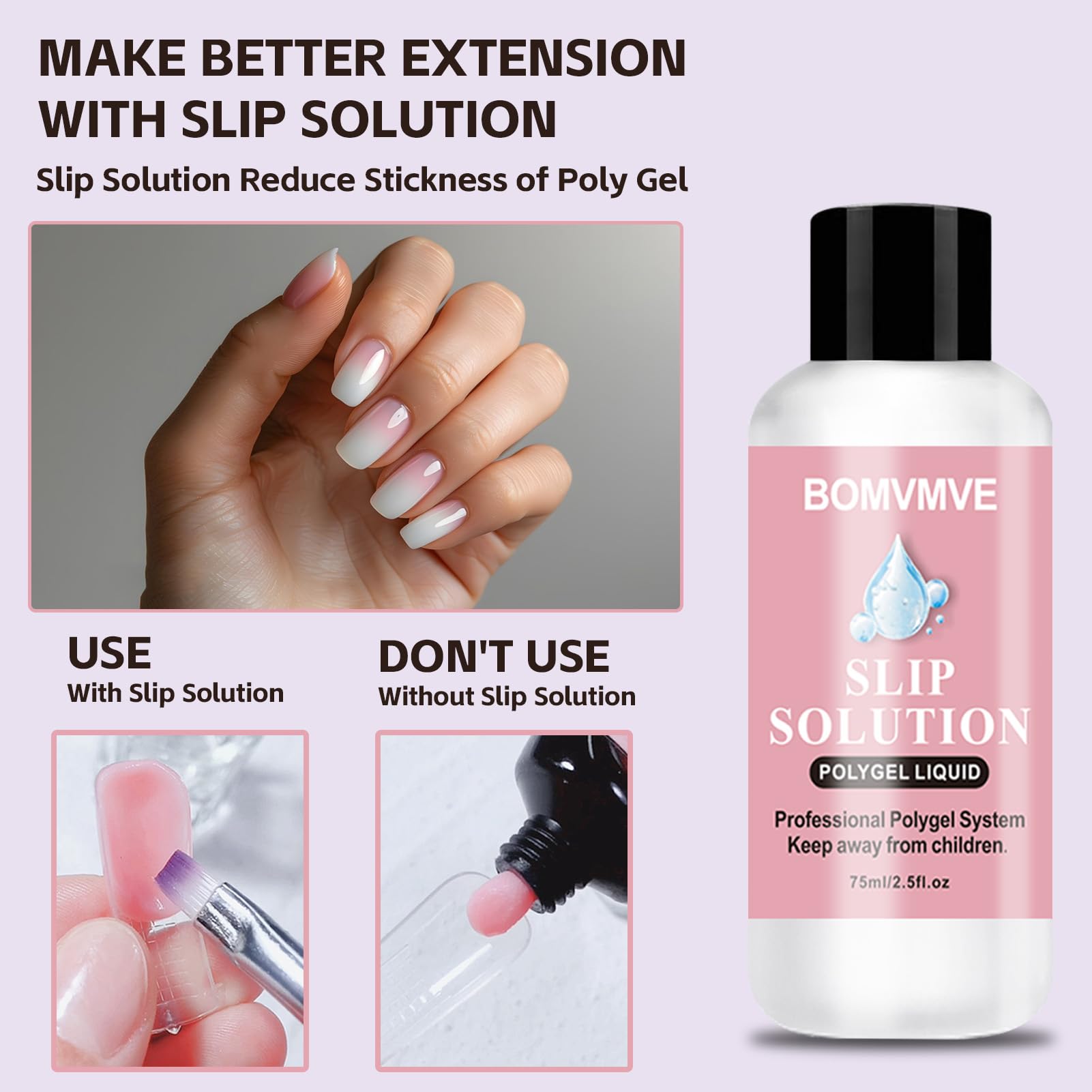 Slip Solution Polygel, Solution de Glissement pour Polygel Ongles, Kit Ongle Gel Anti-adhérence,Comprend une Pince à Ongles,une Brosse à Ongles,un Verre en Cristal et des Lingettes Nettoyantes