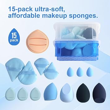 Aspira 15 Pcs Makeup Sponge & Puff Set Includes Rubycell Sponge, Large & Mini Beauty Blenders, Triangle & Finger Puffs For Liquid & Powder, Soft & Reusable (Blue)