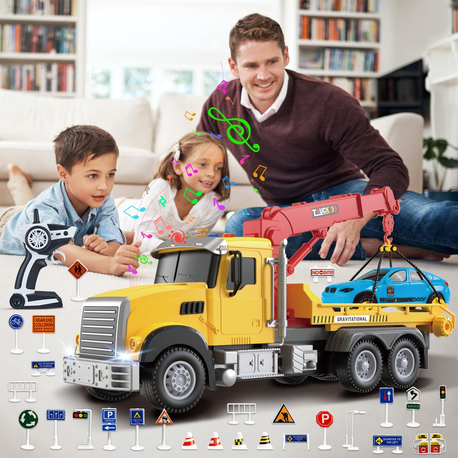 2.4GHz Remote Control Tow Truck for Kids – RC Log Truck with Racing Car, 4 Channel RC Transport Crane Vehicle Toy with Lights & Sounds, 28PCS Traffic Signs, 2 Batteries – Birthday Gift for Boys Girls