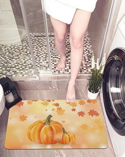 Miniatura 1 de Bath Mat,Thanksgiving Fall Farm Pumpkin Maple Leaves Orange Indoor Door Thin Mat Absorbent Bathroom Quick Dry Rug Entrance Non Slip Rubber Backing