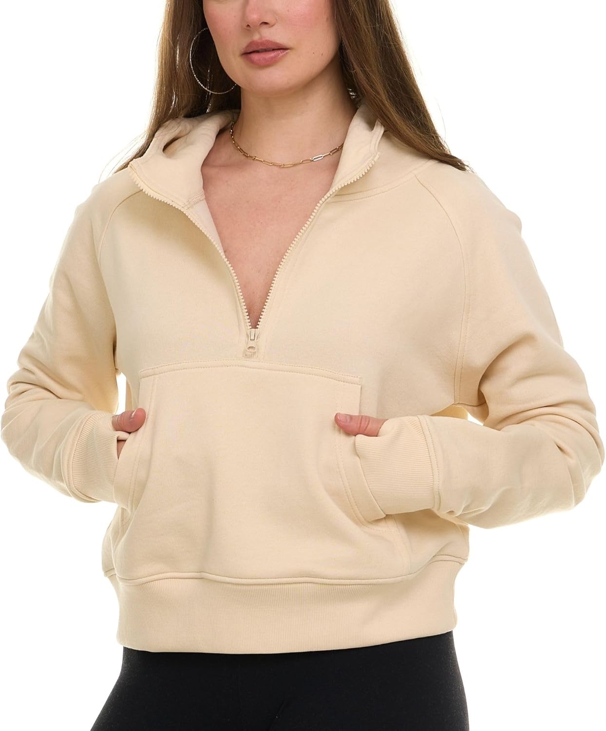 Womens Half Zip Hoodie - Fleece Cropped Sweatshirt for Women, Quarter Zip Up Pullover - Image 4