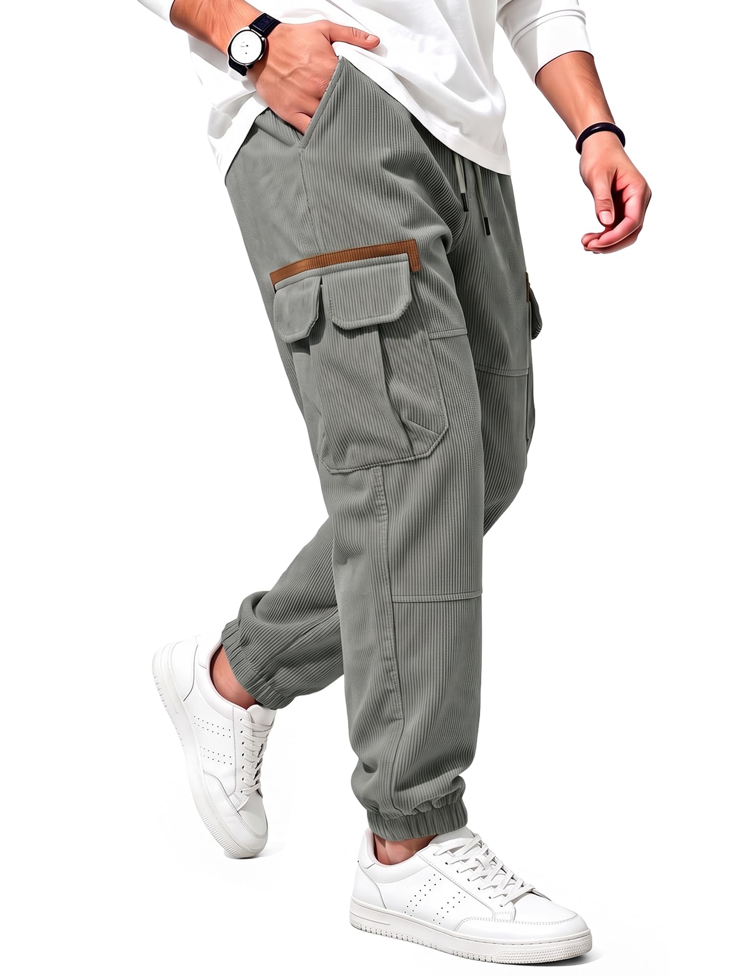 Mens Corduroy Cargo Pants Casual Jogger Relaxed Fit