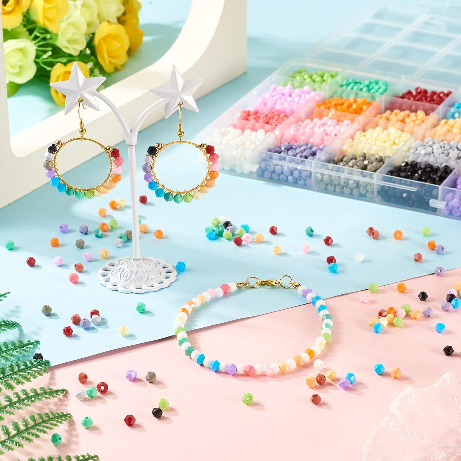 Elecrelive 20 Colors 4.5mm Bicone Glass Crystal Beads Colorful Faceted Glass Beads 2780Pcs Briolette Loose Crystals for Bracelet Necklace Earring Suncatcher Keychain