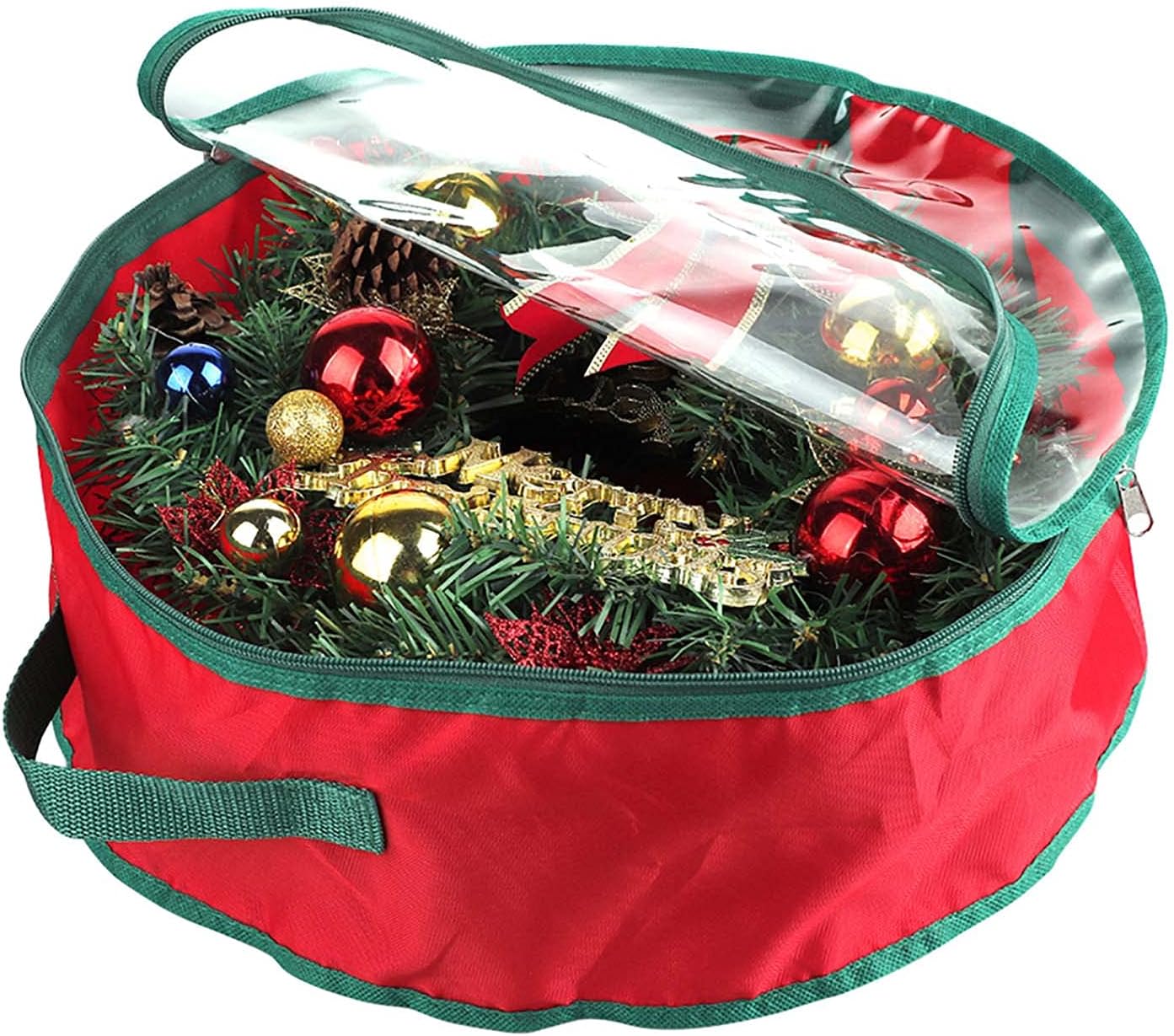 2pcs 20 Inch Christmas Wreath Storage Bag,Portable Garland Storage Container, Holiday Xmas Artificial Wreaths Organizer, Transparent Window & Dual Zipper & Sturdy Handle