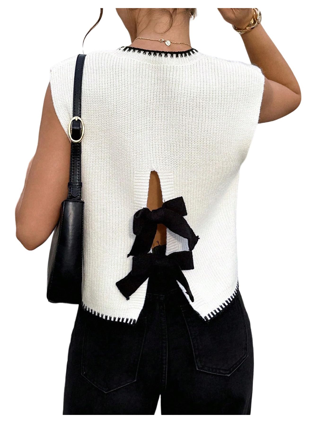 Verdusa Womens Going Out Outfits Cut Out Bow Knot Sweater Cap Sleeve Knitted Pullovers Top