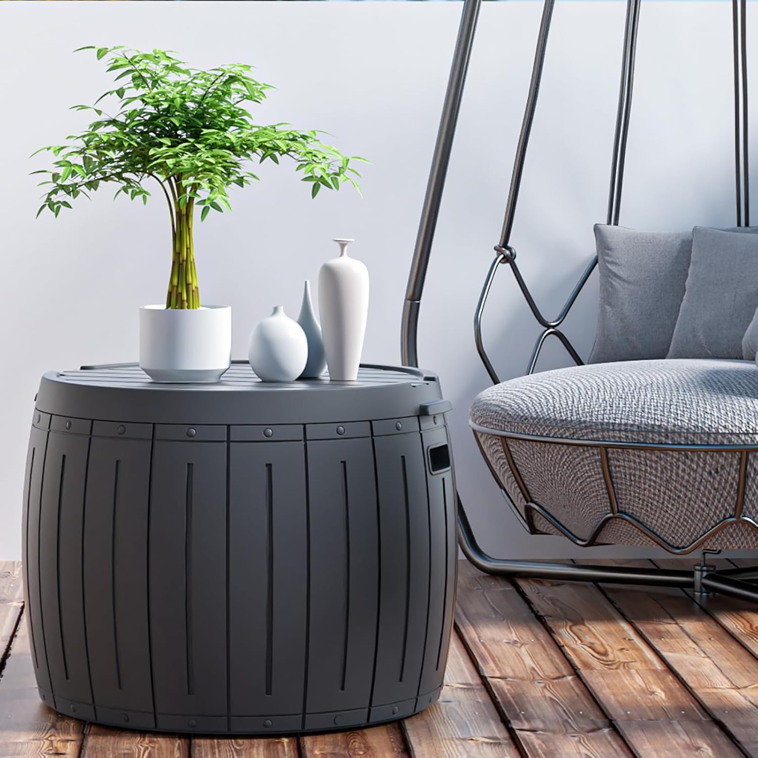 Deck Box Round, Patio Table, Waterproof Outdoor Storage Box for Kid Toys, Patio Furniture, Pool Tools, Outdoor Uses, Sports Equipment, Waterproof and UV Resistant Resin, 27 Gallons Grey