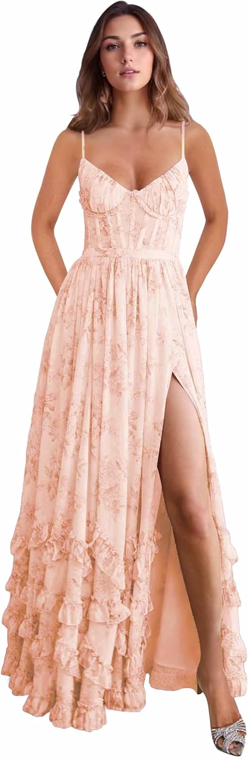 Floral Print Chiffon Bridesmaid Dresses for Women Long V Neck Ruffle Maxi Formal Evening Party Dress with Slit