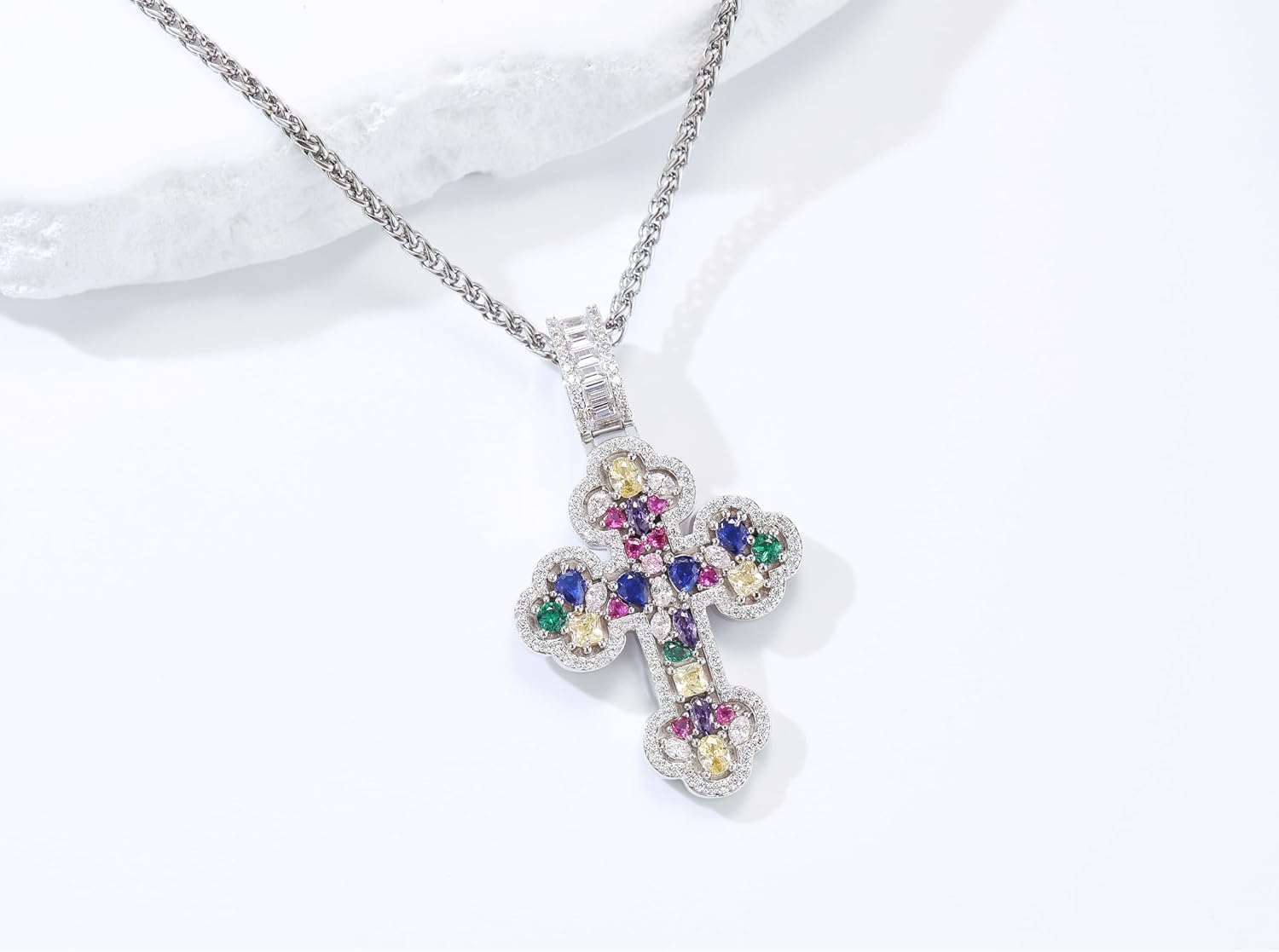 Gothic Cross Pendant Necklace for Men, White Gold Plated Iced Out with Colorful CZ, Religious Hip Hop Faith Pendant - Ideal Christian Gifts for Him Her
