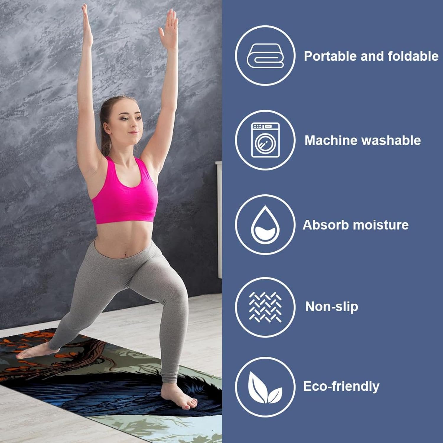 Yoga Towel, Black Crow Pattern Non Slip Sweat Absorbent Hot Yoga Mat Towel for Hot Yoga, Pilates and Fitness - 72.8" x 26.8"