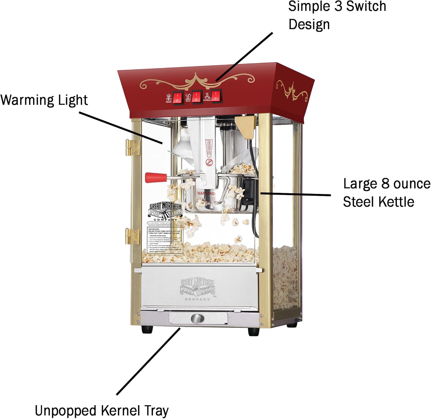Matinee Popcorn Machine - 8oz Popper with Stainless-Steel Kettle, Reject Kernel Tray, Warming Light, and Accessories by Great Northern Popcorn (Red)