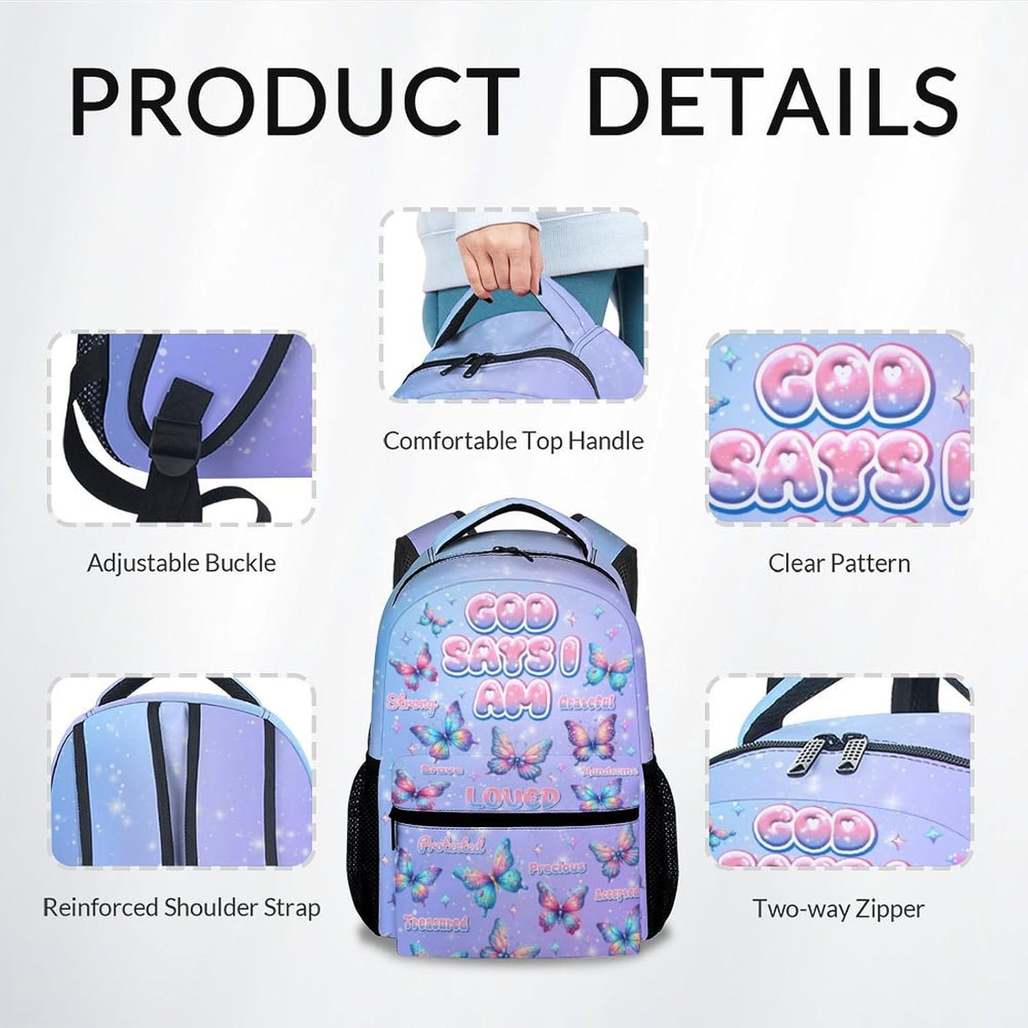 Backpack for Girls, Butterfly Backpacks for Kids, 17" Toddler Bookbag for Preschool Kindergarten Elementary, God Says I Am School Bag