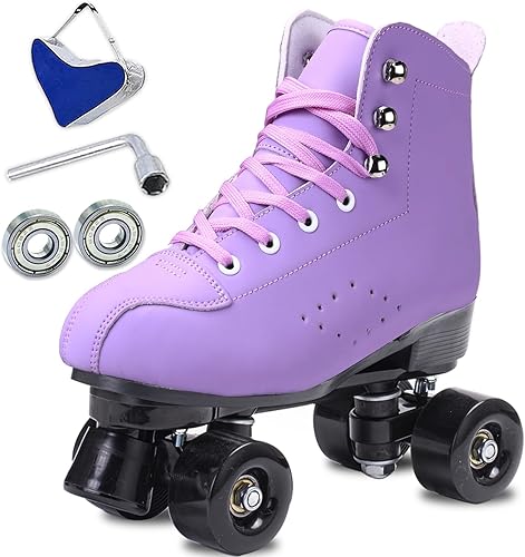 Miniatura 7 de Patines para mujer y hombre de caña alta en negro, de cuero sintético clásico, patines de doble fila ajustables para interiores y exteriores, Rueda