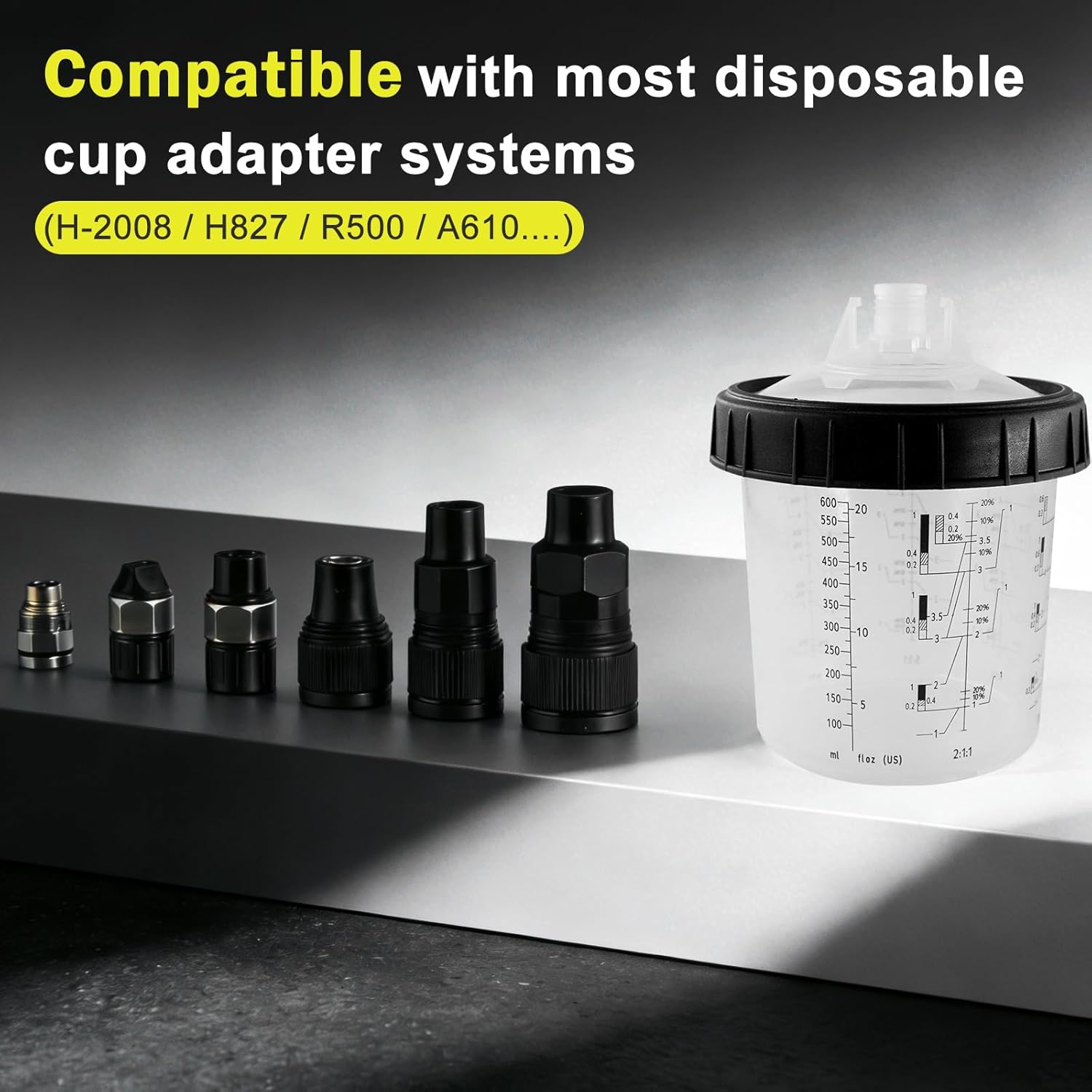 SRQ Disposable Paint Spray Cup System for HVLP and LVLP Paint Guns, Standard 20-Ounce (600ml) Kit with 50 Mixng Cups and Lids System, 1 Hard Cup with Retainer Ring and 20 Plugs, 3 Connectors