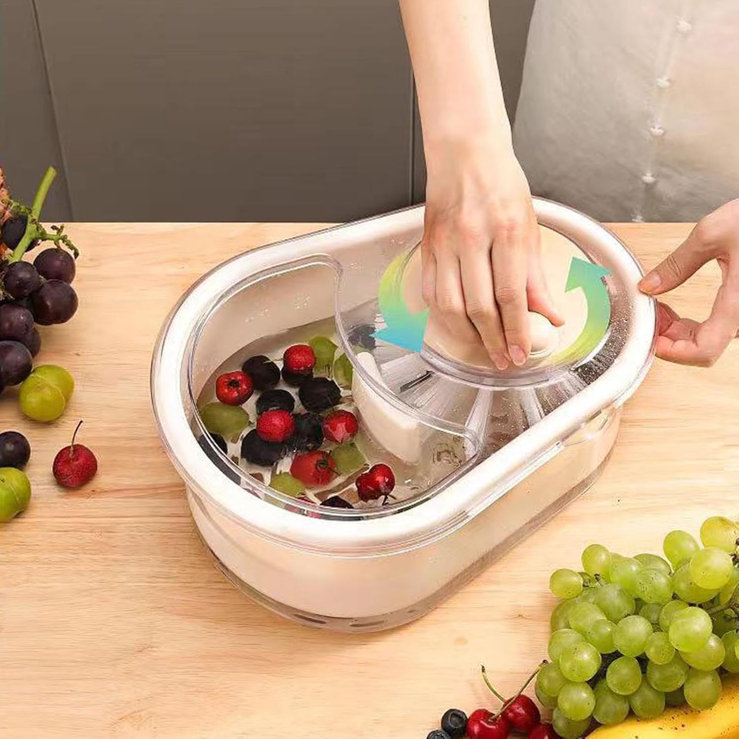 Écumoire à fruits portable avec couvercle lave-fruits légumes brosse cuisine Blanc