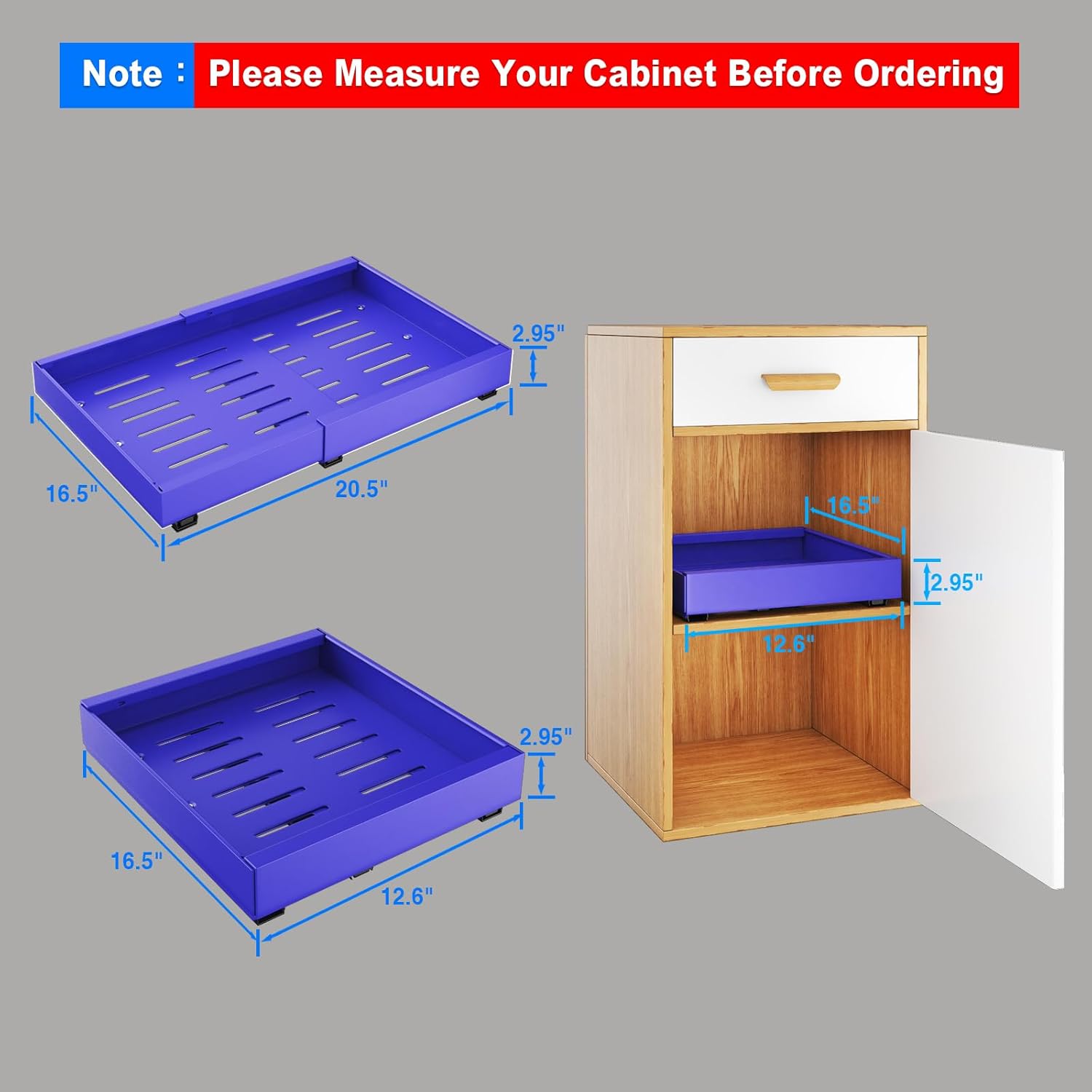 2 Pack Pull Out Cabinet Organizer, Expandable Slide Out Drawers for Kitchen Cabinets Peel and Stick Pullout Drawer Heavy Duty Sliding Shelves for Cupboard, Pantry, Bathroom(16.5" Deep, Blue)