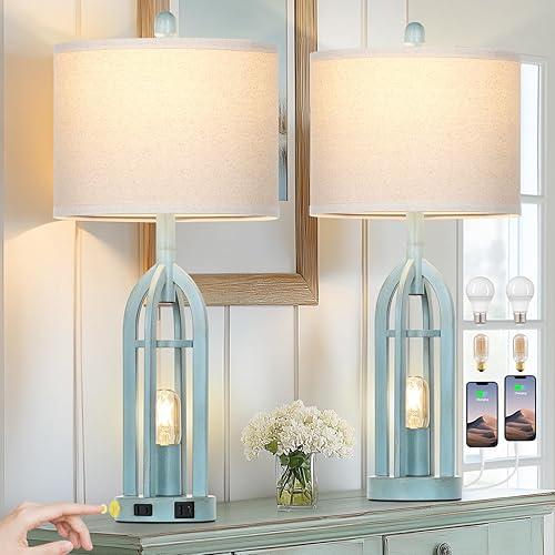 Miniatura 3 de Lámparas de mesa estilo granja de 27 pulgadas para sala de estar, juego de 2 lámparas vintage azules con puertos de carga USB A+C y salida de CA,