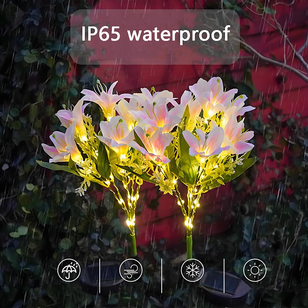 AoLa Confezione da 2 luci solari da giardino per uso esterno, lampada solare LED forma di giglio impermeabile IP65 con spina di terra luce a forma di fiore simulato decorazione, luce calda,Rosa