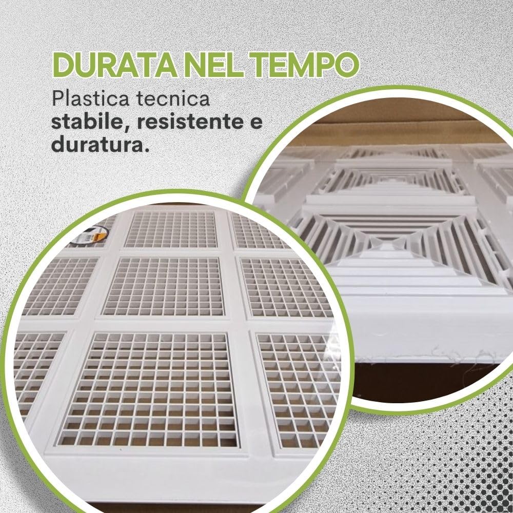Griglia di Ventilazione XXL 60×60 cm per Soffitto – Diffusore Aria Mandata e Aspirazione | Controsoffitto Modulare e Cartongesso | Plastica Tecnica | Area Libera ~50% | Parte Interna Removibile - RS