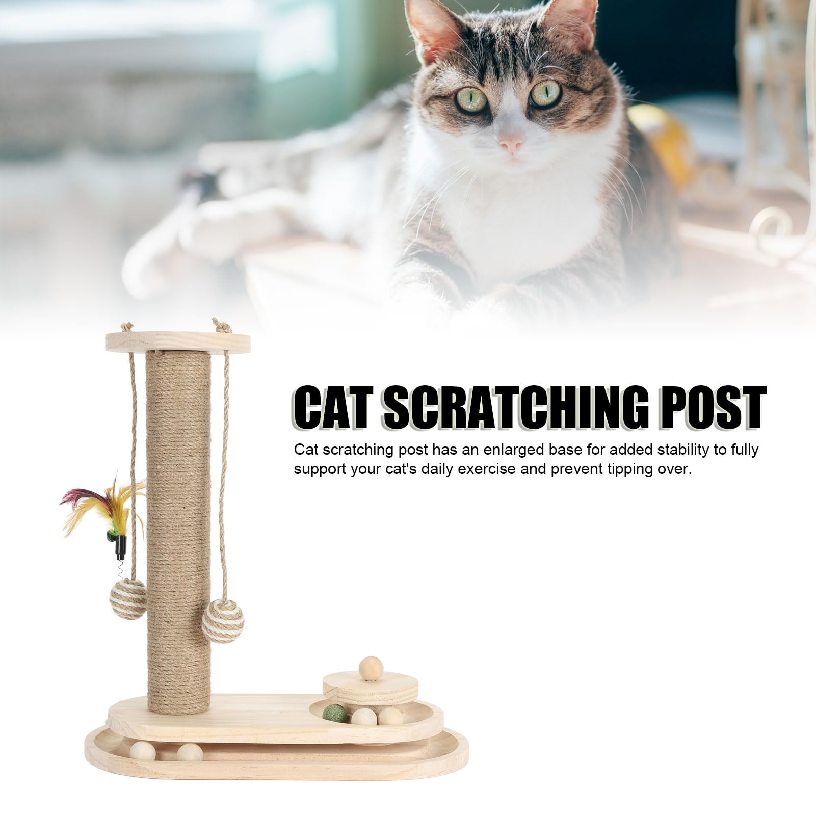 Alomejor Cat Scratching Post with Interactive Ball Track (Oval Turntable) | Solidna podstawa, kompaktowa konstrukcja, interaktywna zabawa, drewniany materiał, idealny dla kotów domowych